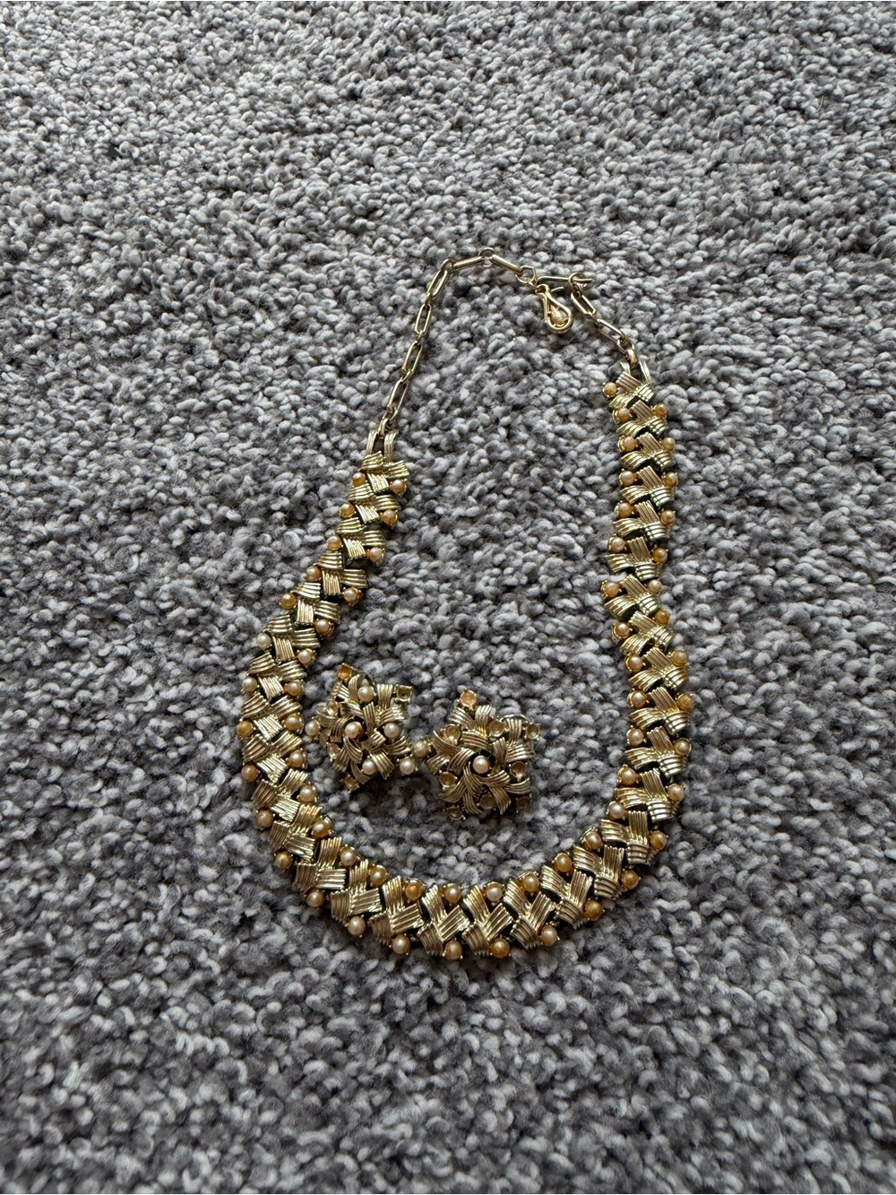 Coro Gold-Tone Woven Necklace and Clip-On Earrings Set Vintage Mid Century